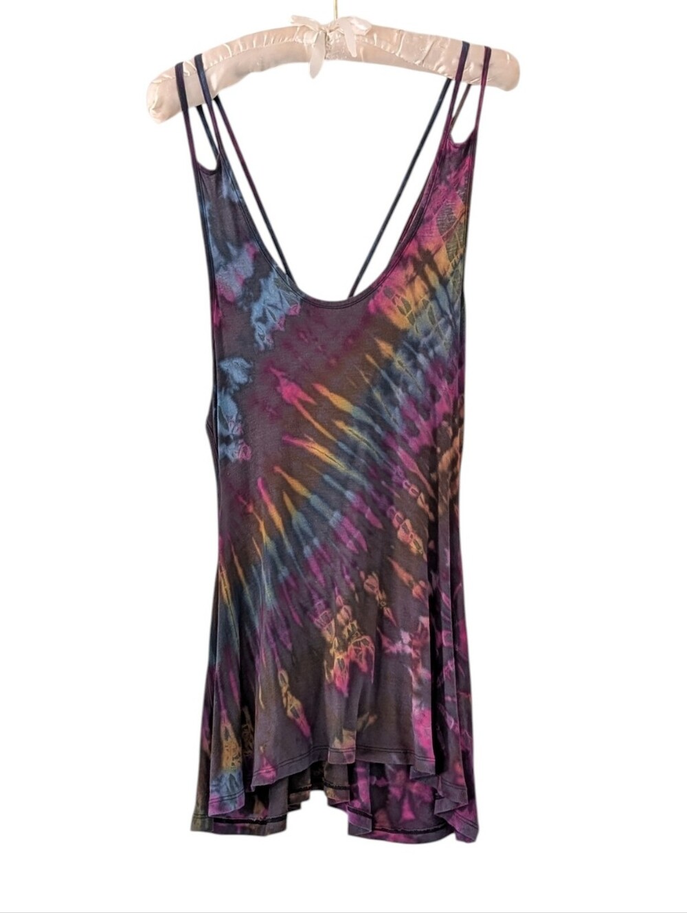 Festival Tie Dye Strappy Relaxed Racerback Long Deep Rainbow Tank Top L/XL